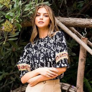 Flower Print Embroidered Top